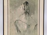 a drawing of a woman with long hair in a black frame
