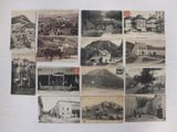 several old black and white photographs of a town with horses and carriages