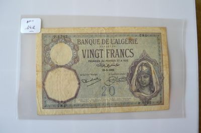 Un billet de la banque d'Algérie de 20 F, 15-5-1925