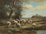 a painting of a man herding a flock of sheep
