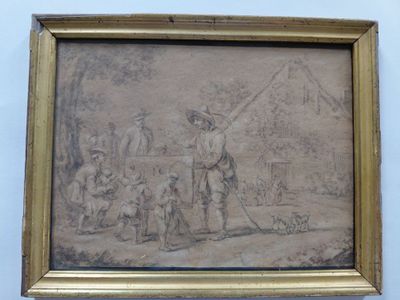 an old picture of a man with a dog and a man with a horse