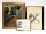 two framed pictures of a hallway and a picture of a staircase