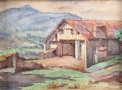 a painting of a barn with a cow standing in front of it