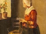 une peinture à l'huile représentant une femme en train de laver une plante en pot devant une fenêtre