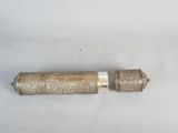 pair of silver and gold metal pepper shakers on a white surface