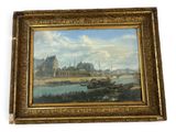 painting of a view of a city with a river and a bridge