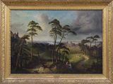 an image of a painting of a landscape with trees and people