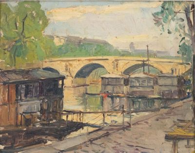 a painting of a train on the tracks next to a bridge