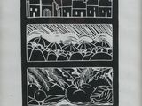 un dessin en noir et blanc représentant une fenêtre donnant sur une ville