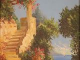 une peinture à l'huile représentant des marches menant à un bâtiment en pierre