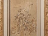 un dessin représentant un homme sur une échelle, avec une croix en arrière-plan