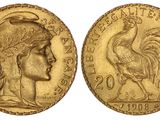 une pièce d'or sur laquelle figurent la tête d'une femme et un coq