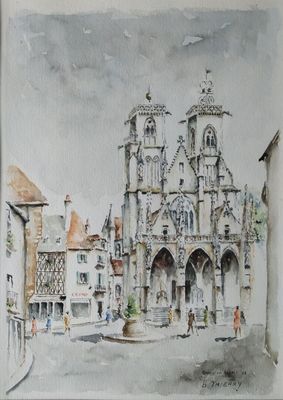a watercolor painting of a church in the middle of a town
