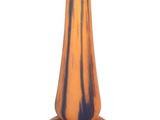 a blue and orange vase sitting on a white surface