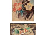 deux tableaux représentant des fleurs dans un vase et une assiette de fruits posée sur une table