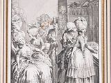 a black and white drawing of a woman standing in front of a mirror
