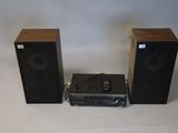 two speakers that are sitting next to each other