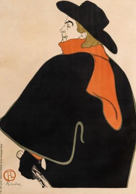 tableau représentant un homme vêtu d'un manteau noir et d'un chapeau, avec une écharpe rouge