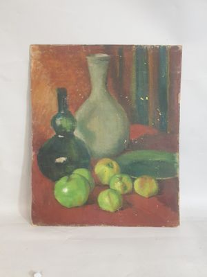 un tableau représentant des pommes et un vase posés sur une table