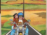 painting of a man and a woman riding a motorcycle on a road