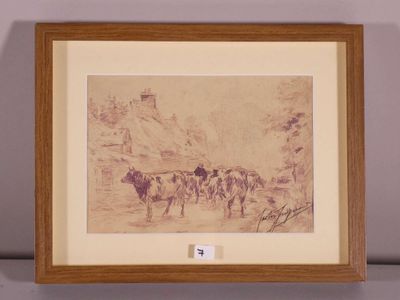 framed drawing of a man leading a herd of cattle in a mountainous landscape