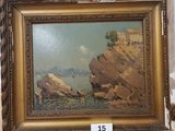 an image of a painting of a rocky coast with a boat in the water