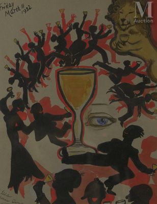 an image of a painting of a woman with a hourglass surrounded by other people
