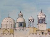 a watercolor painting of a building with a clock tower