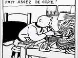 dessin humoristique représentant un homme assis à un bureau devant une pile de papiers