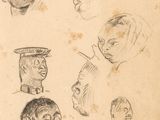 croquis représentant une tête d'homme et un visage de femme dans différentes poses