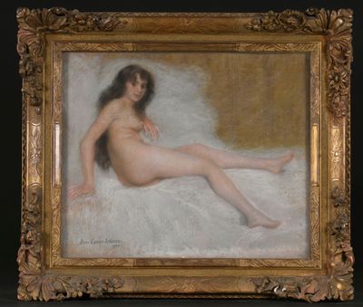 an oil painting of a nude woman sitting on a bed