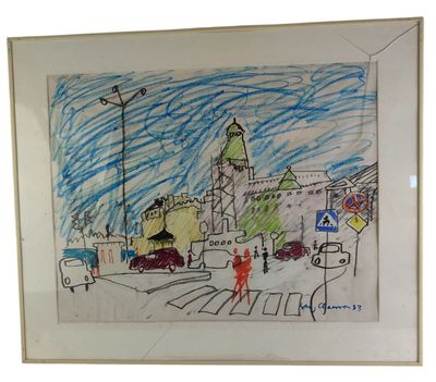 drawing of a street scene with cars and people crossing the street