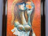 painting of a woman holding a piece of fruit in front of her face