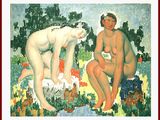 un tableau représentant deux nus et un chien dans un champ