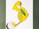 tableau représentant un oiseau jaune tenant une raquette de tennis dans son bec