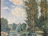 an oil painting of a river with trees in the foreground and clouds in the background