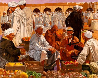 a painting of a group of people at a fruit and vegetable market