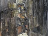 an oil painting of a hallway leading to a building with a clock on the wall