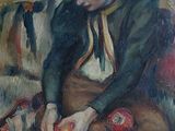 un tableau représentant une femme assise sur un canapé en train de couper des pommes