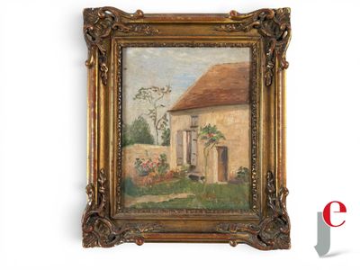 une vieille peinture représentant une maison avec un jardin devant
