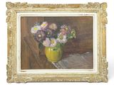painting of a vase of flowers on a table with a white background