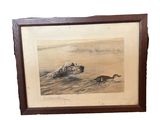 painting of a dog running in the water with a mountain in the background