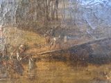an oil painting of a boat on a river with people on it