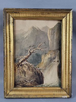 an image of a painting of a mountain scene with a tree in the foreground