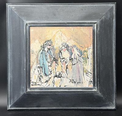 une peinture représentant un groupe de personnes devant un bâtiment