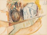 a watercolor painting of a vase and a knife on a table
