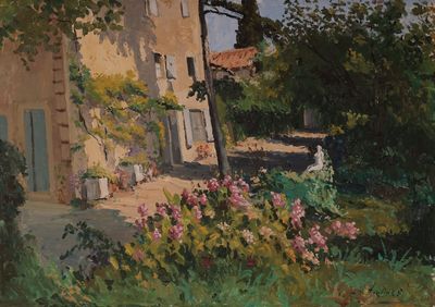 un tableau représentant une maison avec un jardin devant