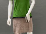 the mannequin is wearing a green shirt and brown skirt