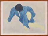 tableau représentant un homme en costume bleu qui se penche pour ramasser quelque chose par terre