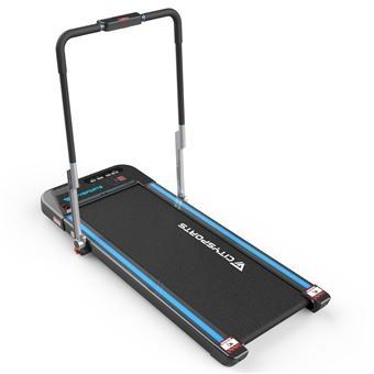 un tapis roulant motorisé noir et bleu sur fond blanc
